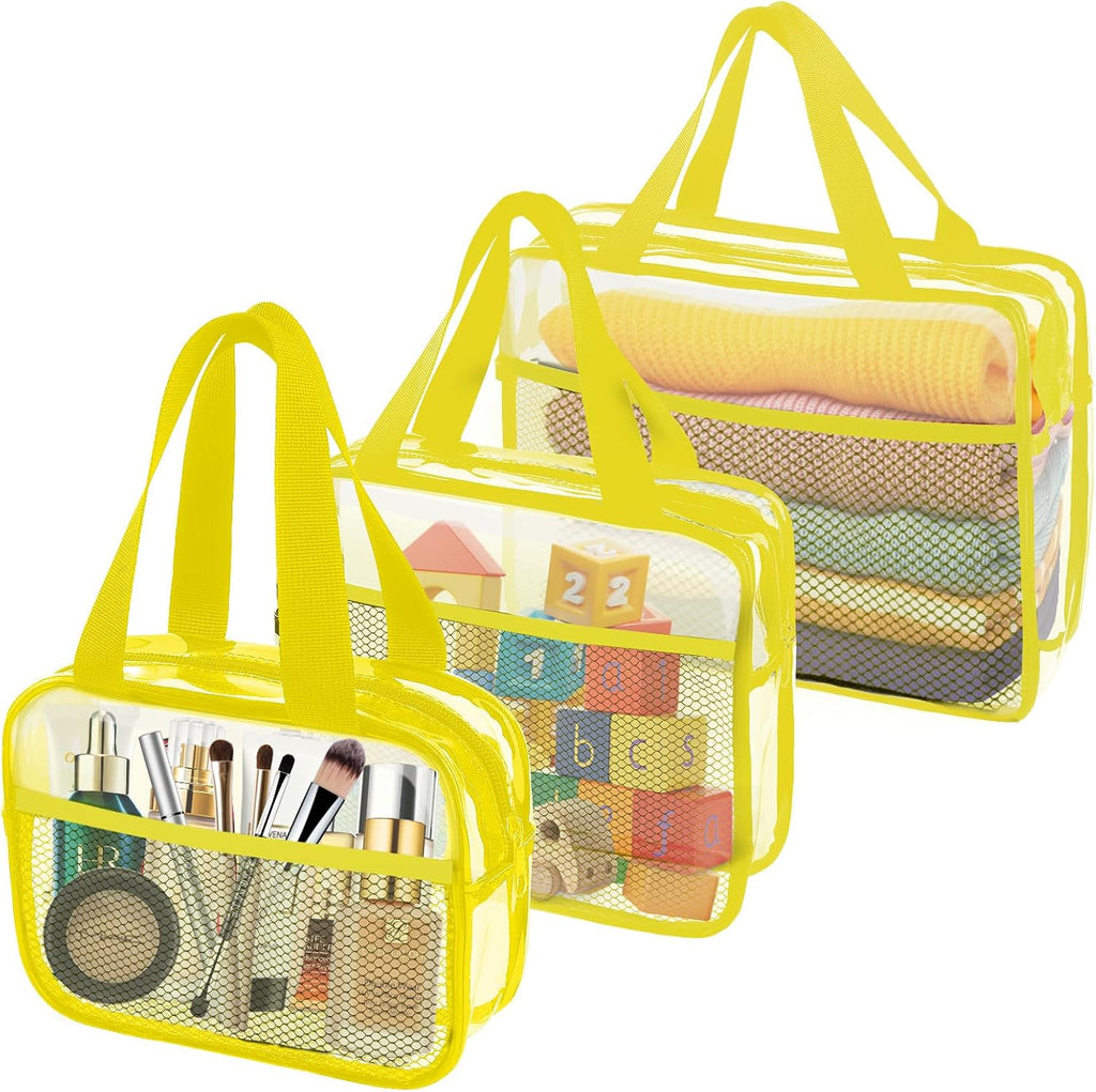 XEWEA Clear Travel Toiletry Bags, 3 Pack TSA Approved Transparent Makeup Bag for Men Women,Large Waterproof PVC Quart Organizer Kit with Zipper for Toiletries Airline Essential,Toy Pouch Yellow