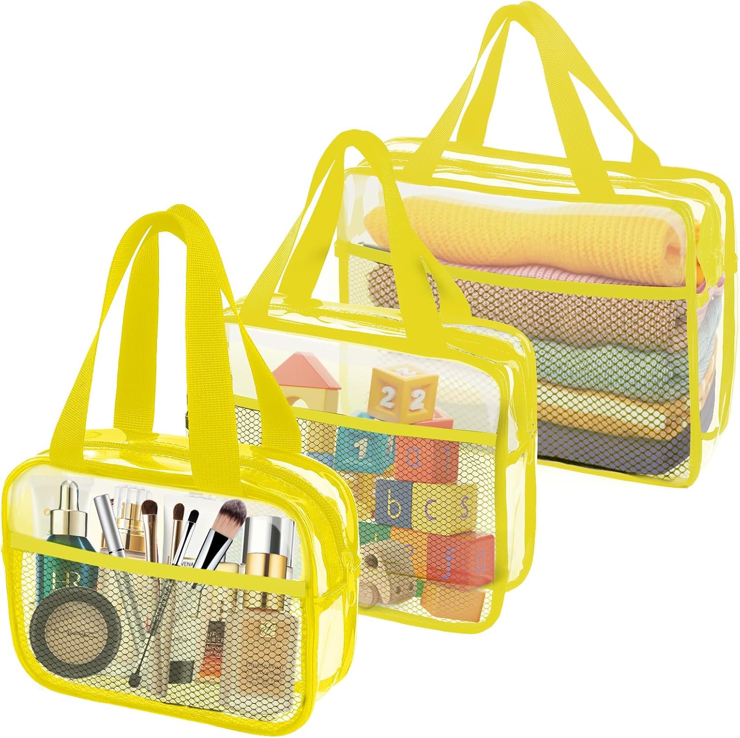 XEWEA Clear Travel Toiletry Bags, 3 Pack TSA Approved Transparent Makeup Bag for Men Women,Large Waterproof PVC Quart Organizer Kit with Zipper for Toiletries Airline Essential,Toy Pouch Yellow