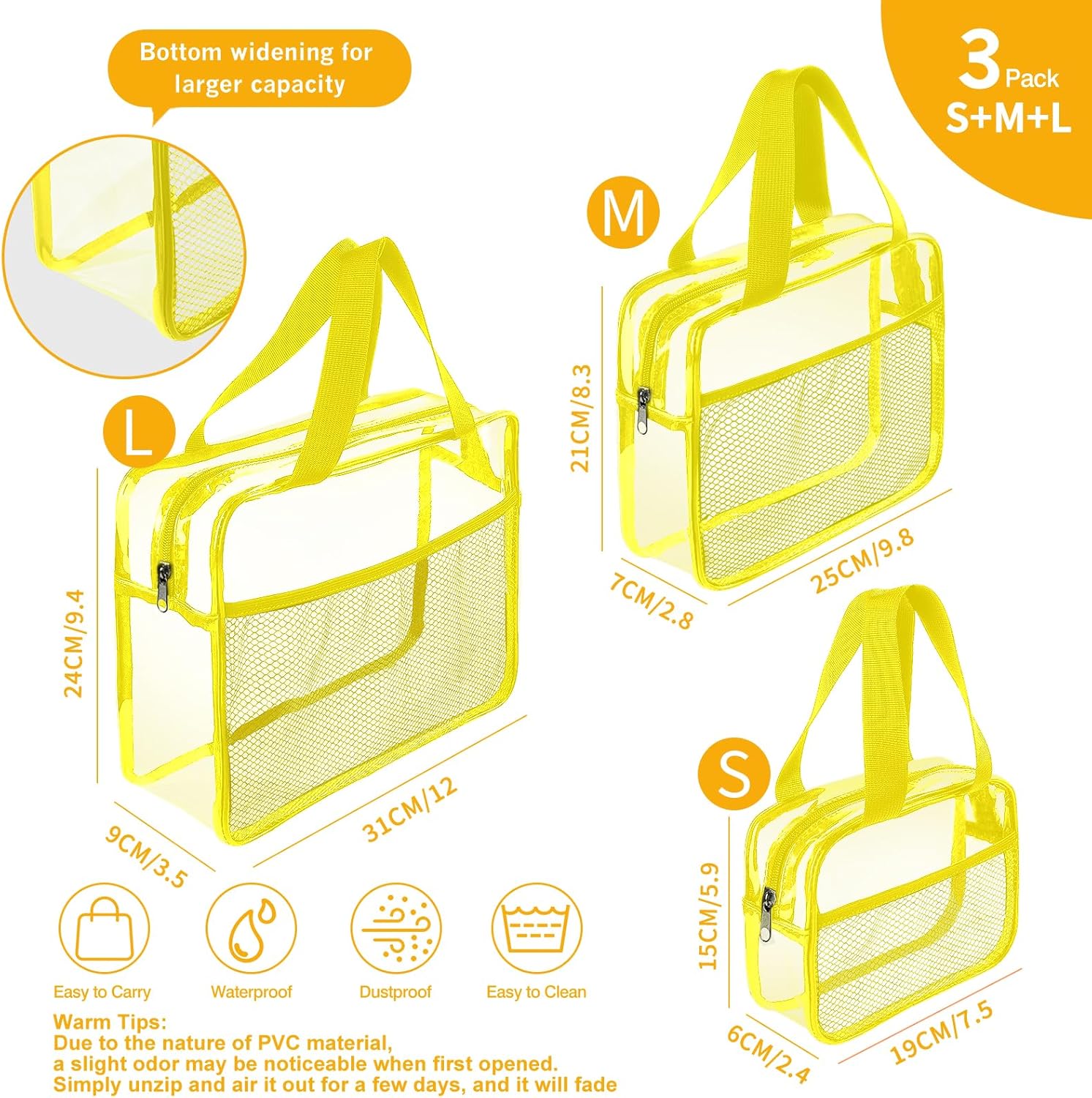 XEWEA Clear Travel Toiletry Bags, 3 Pack TSA Approved Transparent Makeup Bag for Men Women,Large Waterproof PVC Quart Organizer Kit with Zipper for Toiletries Airline Essential,Toy Pouch Yellow