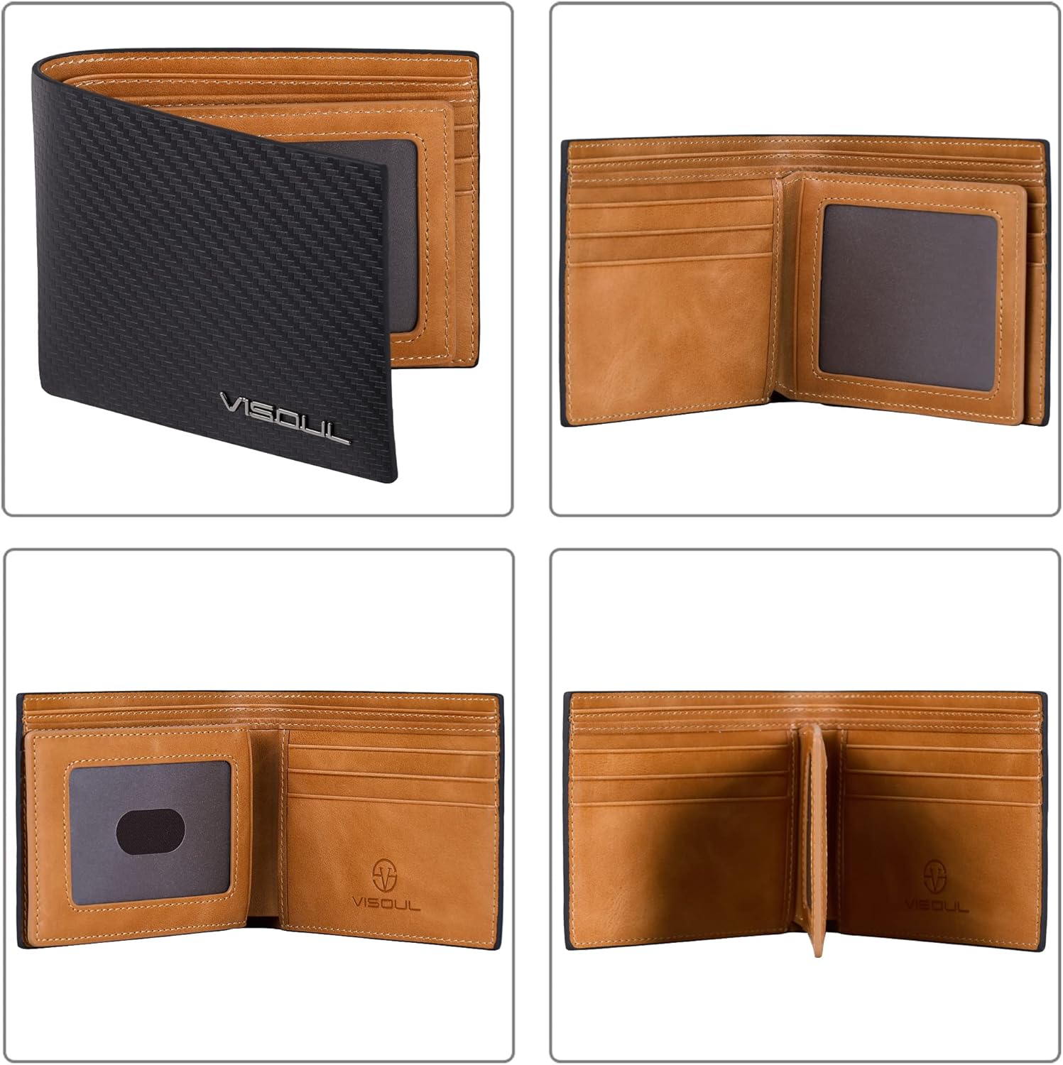 VISOUL Mens Carbon Fiber Leather Bifold Wallet with 2 ID Windows, RFID Blocking Stylish Wallet for Men with 2 Cash Compartments (Black+Yellow)