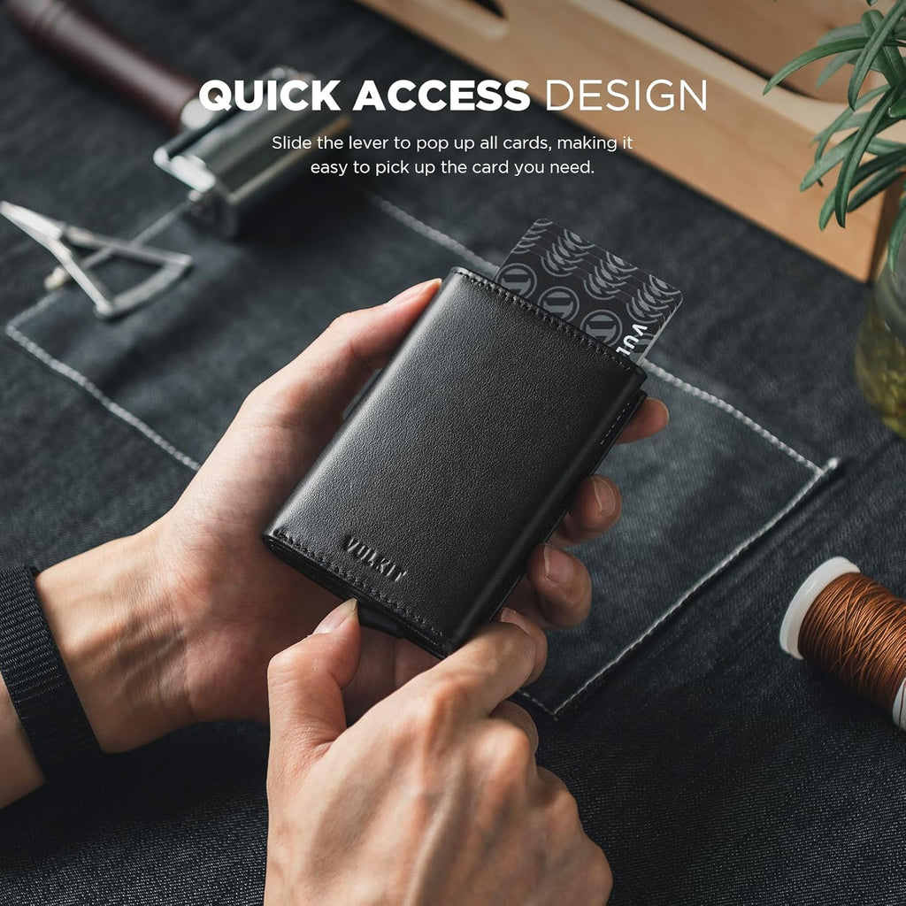 VULKIT Pop up Card Wallet Minimalist Cash Wallets RFID Blocking Leather Smart Credit Card Holder with ID window for Men