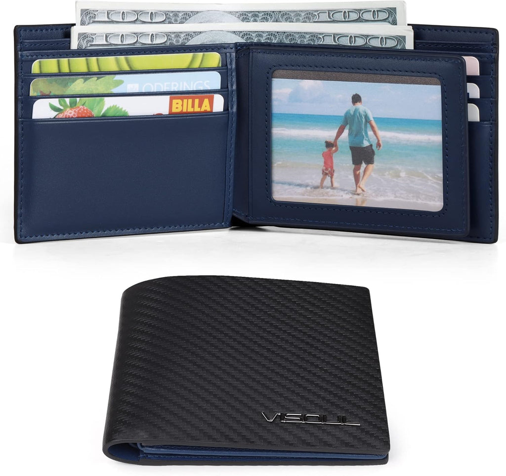 VISOUL Leather Mens Bifold RFID Blocking Wallet with 2 ID Windows, Leather Wallet for Men (Carbon Fiber, Black+Blue)