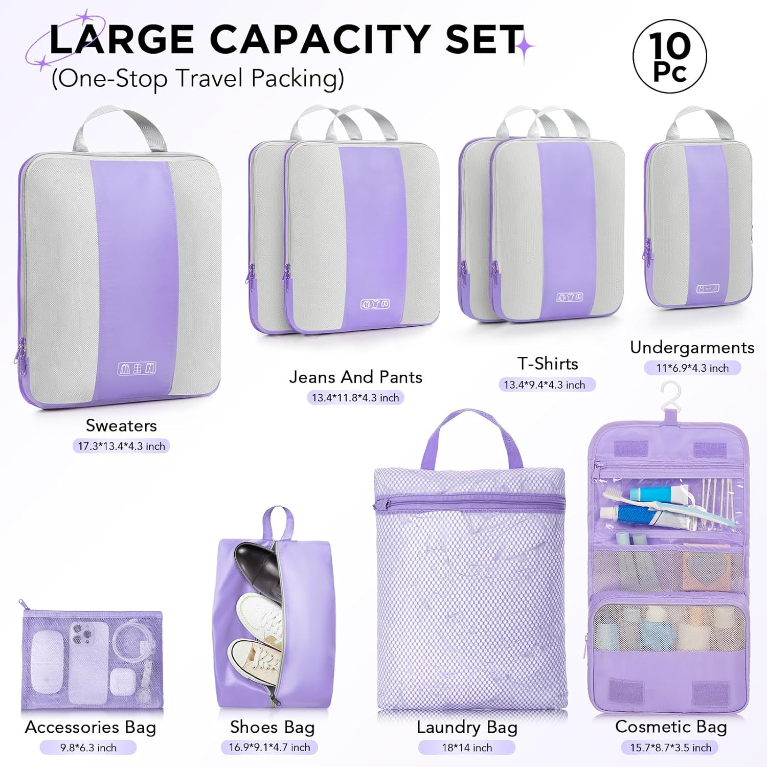10 Set Compression Packing Cubes for Travel Essentials,Compressible Expandable Packing Cubes for Suitcase,OlarHike Luggage Organizer Bags for Travel,Handy Helper for Organizing Clothes(Light Purple)