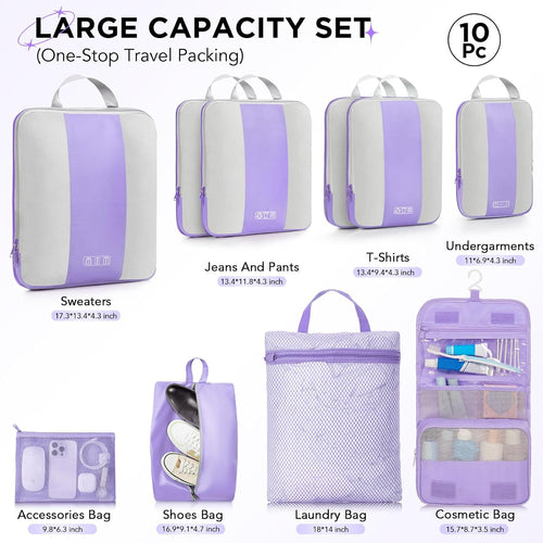 10 Set Compression Packing Cubes for Travel Essentials,Compressible Expandable Packing Cubes for Suitcase,OlarHike Luggage Organizer Bags for Travel,Handy Helper for Organizing Clothes(Light Purple)