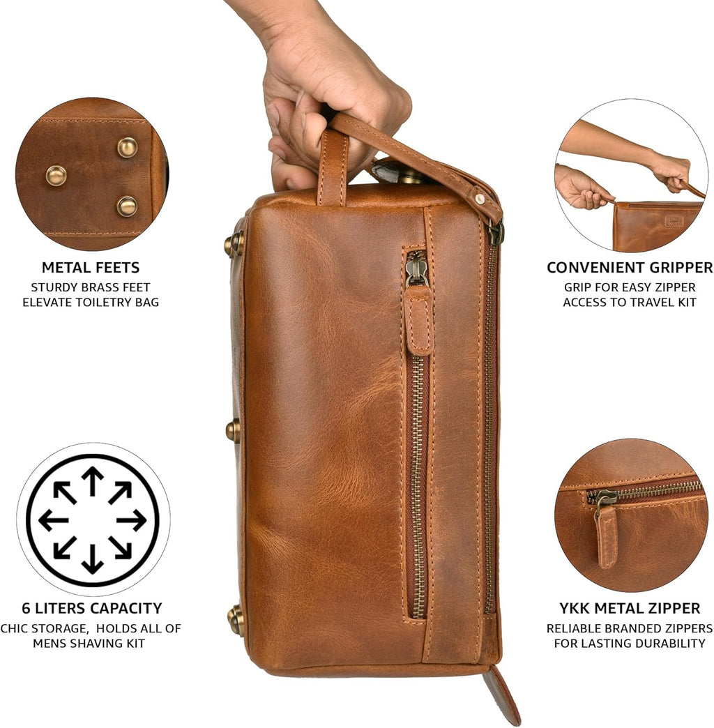 LEATHER VILLAGE Premium Leather Travel Toiletry Bag - Unisex Water-Resistant Travel Dopp Kit, Shaving & Cosmetic Organizer for Men & Women - Compact Bathroom Essentials - Tan Brown