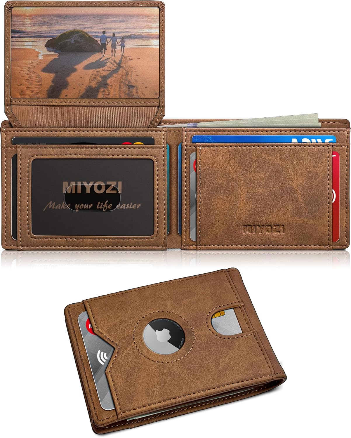 Airtag Wallet for Men,with Cash Pocket 2 ID Window 13 Cards,Slim Leather Wallet Front Pocket Card Holder RFID Blocking with Gift Box