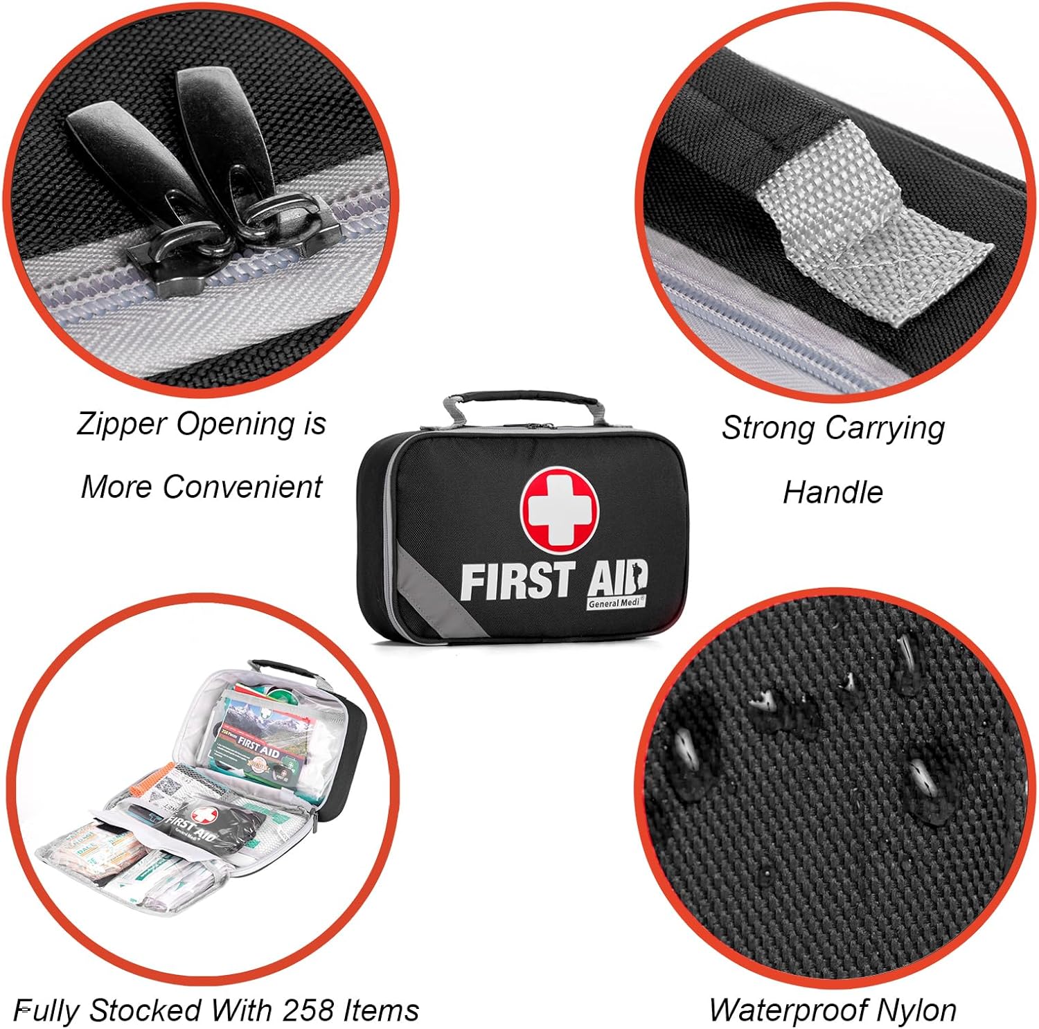 General Medi 2-in-1 First Aid Kit (215 Piece Set) + 43 Piece Mini First Aid Kit -Includes Ice(Cold) Pack, Moleskin Pad and Emergency Blanket for Travel, Home, Office, Car, Workplace(Black)
