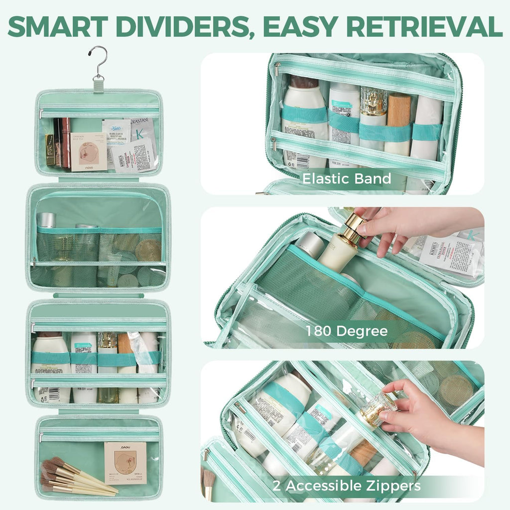 Toiletry Bag For women,Portable Hanging Organizer,4 Leakproof Compartment for full-sized Conditioner, Brushes Set, Makeup Accessories,Visible and easy to access.M-mint
