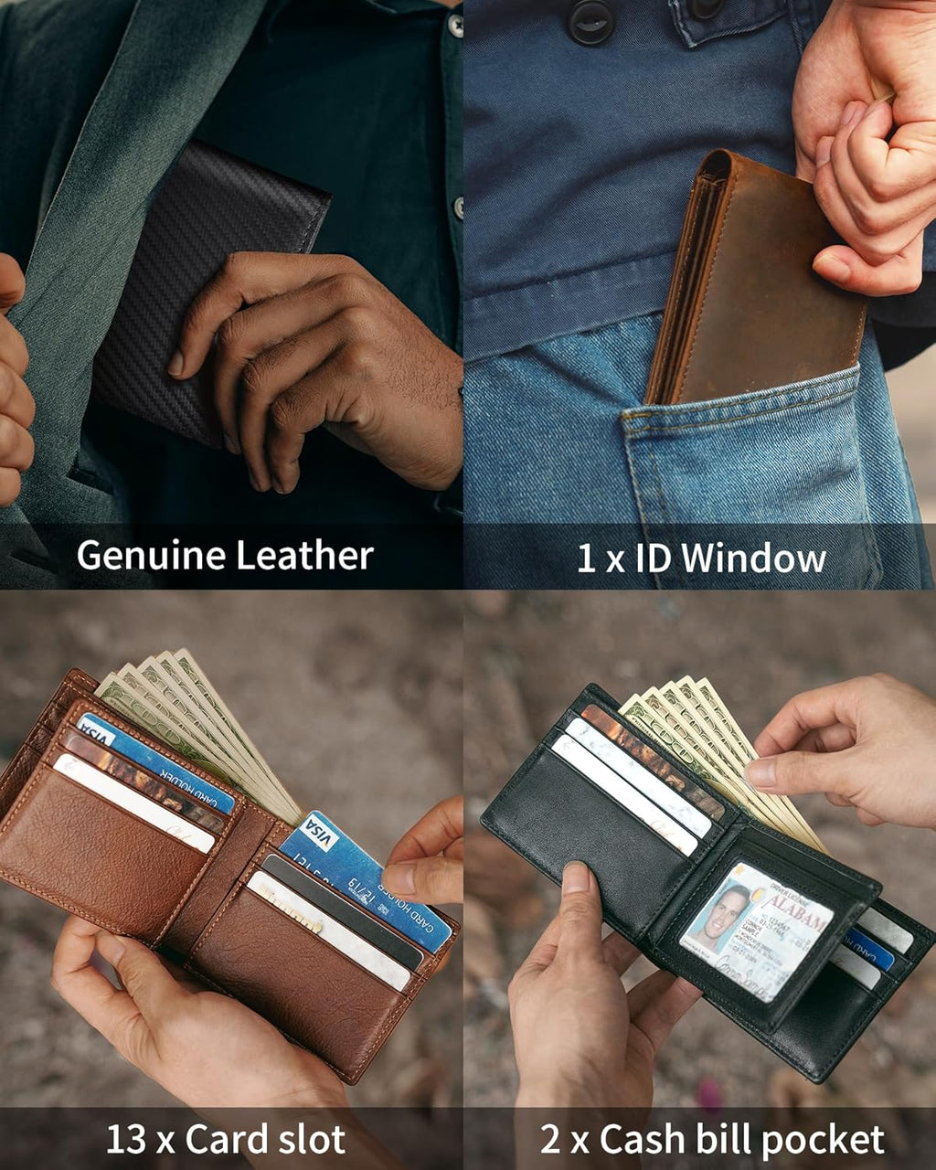 Mens Wallet Genuine Leather Bifold RFID Blocking Wallet for Men with 1 ID Window 13 Card Holders 2 cash pockets 1 Gift Box