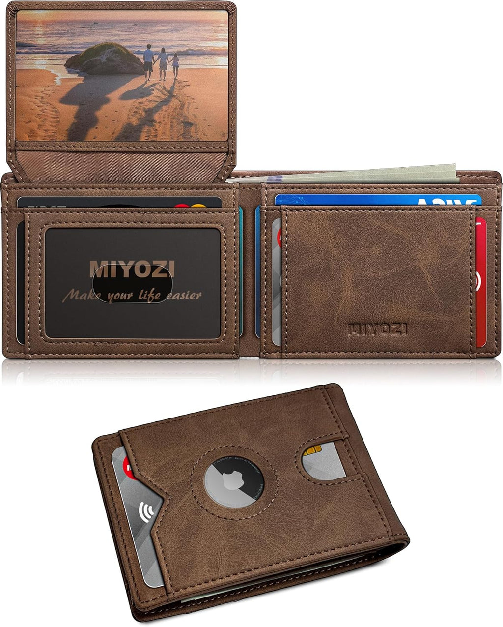 Airtag Wallet for Men,with Cash Pocket 2 ID Window 13 Cards,Slim Leather Wallet Front Pocket Card Holder RFID Blocking with Gift Box