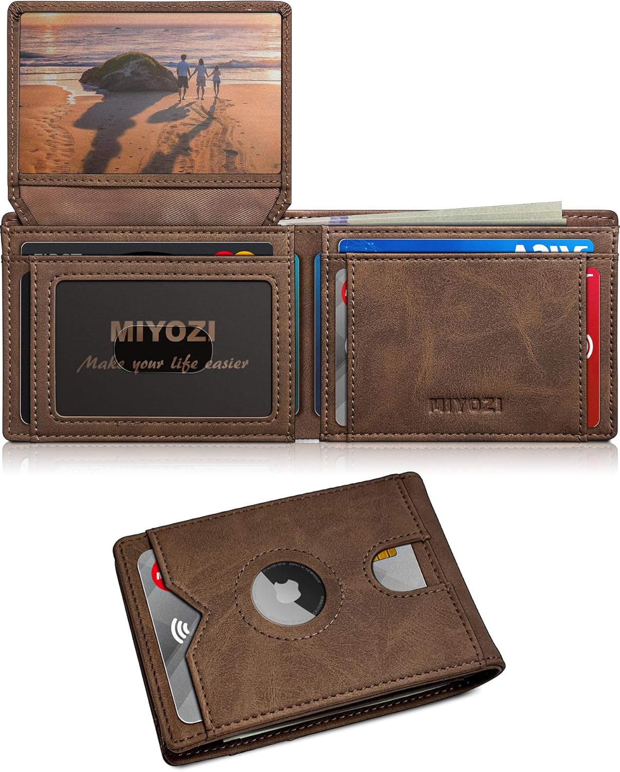 Airtag Wallet for Men,with Cash Pocket 2 ID Window 13 Cards,Slim Leather Wallet Front Pocket Card Holder RFID Blocking with Gift Box