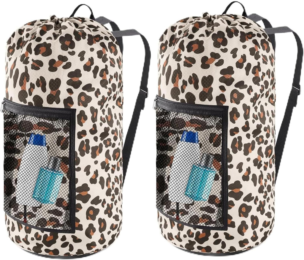 Laundry Bag Backpack, 2PCS Extra Large Travel Laundry Bag with Mesh Pocket & Adjustable Shoulder Straps,Dirty Clothes Travel Bag for College Students Dorm,Apartment(Leopard Print)
