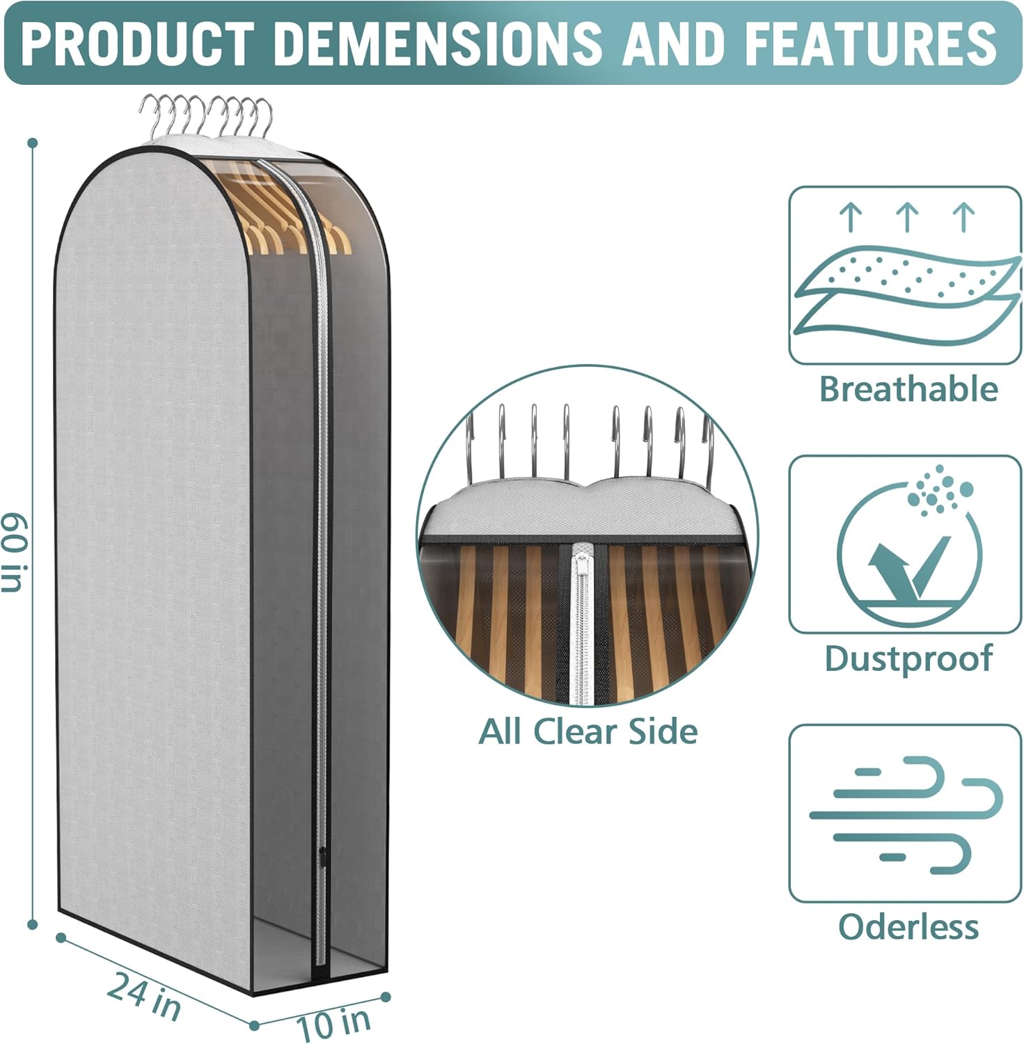 10" Gusseted Garment Bags for Hanging Clothes 60" Suit Bags for Open Closet Storage, Side Clear Clothing Cover for Coat, Dress, Jacket, Shirt, Fur Wardrobe Protector, 3 Packs, Grey