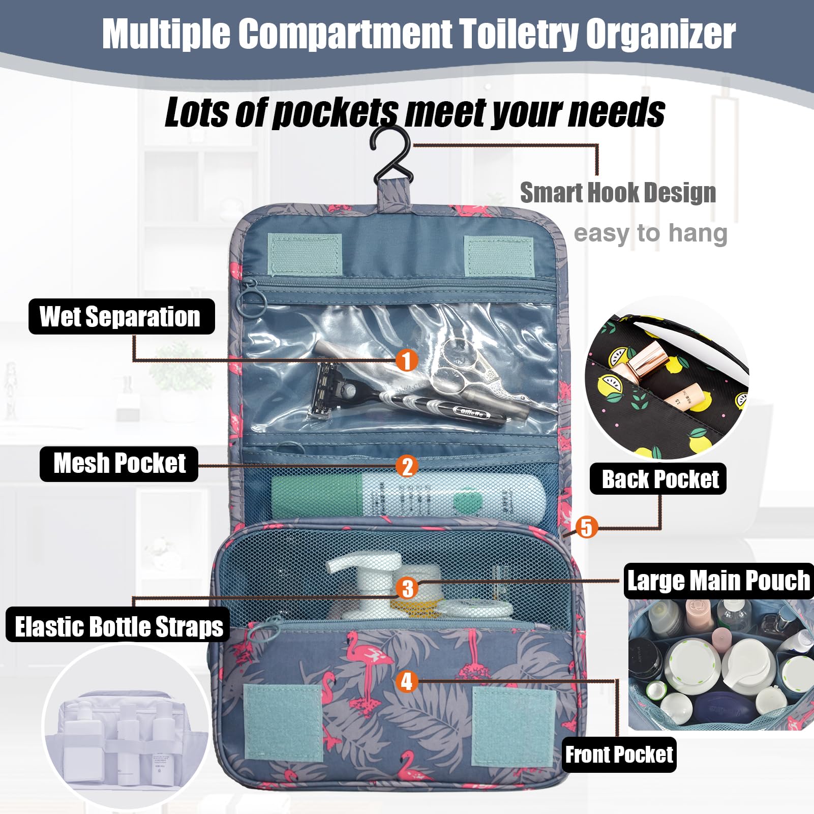 L & FY Hanging Travel Toiletry Bag Women's Cosmetic Organizer Makeup Pouch Men's Shaving Kits With Handle (Pink Flamingo)