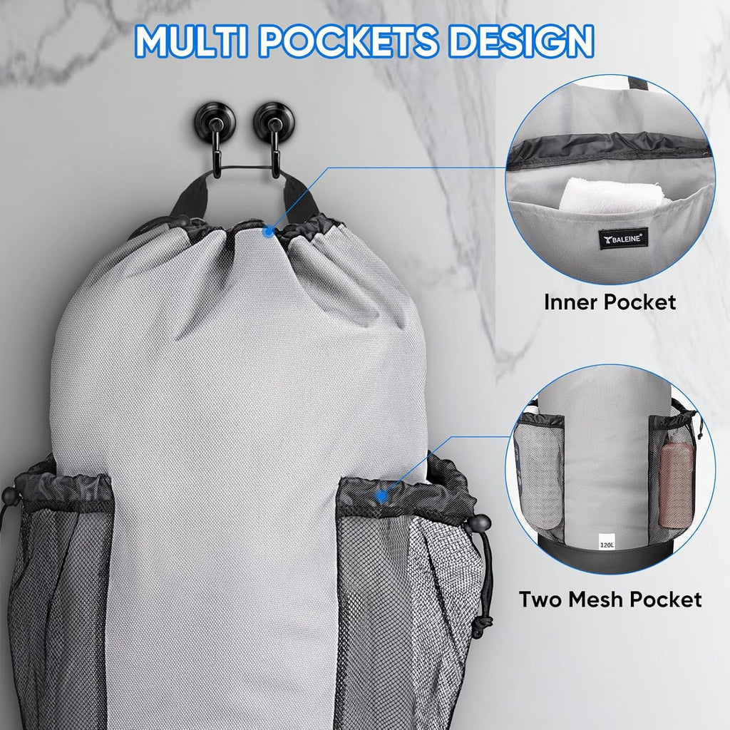 BALEINE 120L Laundry Bag Backpack, 900D Oxford Fabric Large Travel Laundry Bags with Shoulder Straps and 2 Mesh Pockets for College Dorm, Apartment, Laundromat (Gray, 120L)