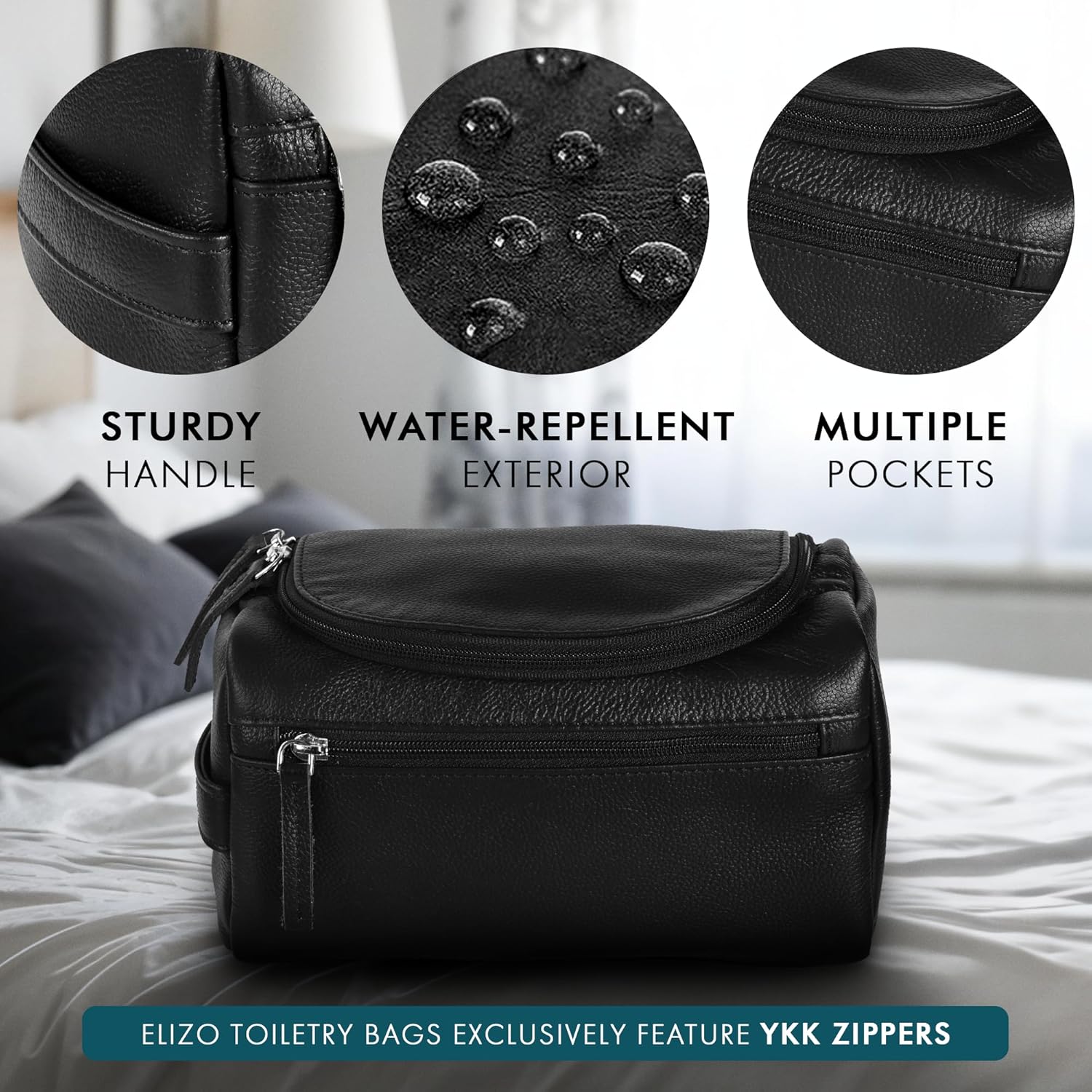 ELIZO Premium REAL Leather Toiletry Bag for Men Dopp Kitt Hanging Mens Toiletry Large TSA Toiletries Bag Shaving Grooming Bag Organizer Black