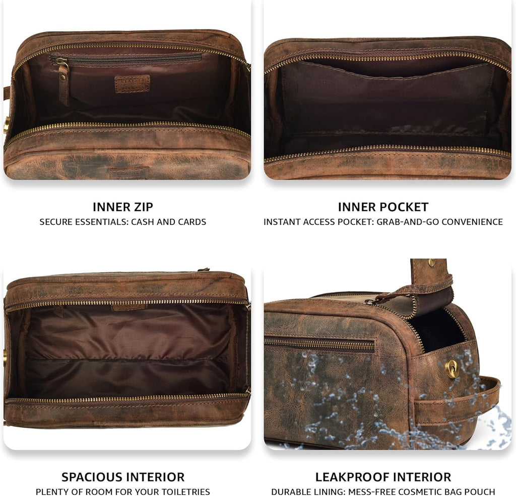 LEATHER VILLAGE Premium Leather Toiletry Travel Pouch With Waterproof Lining - Brown | King-Size Handcrafted Vintage Dopp Kit Bag