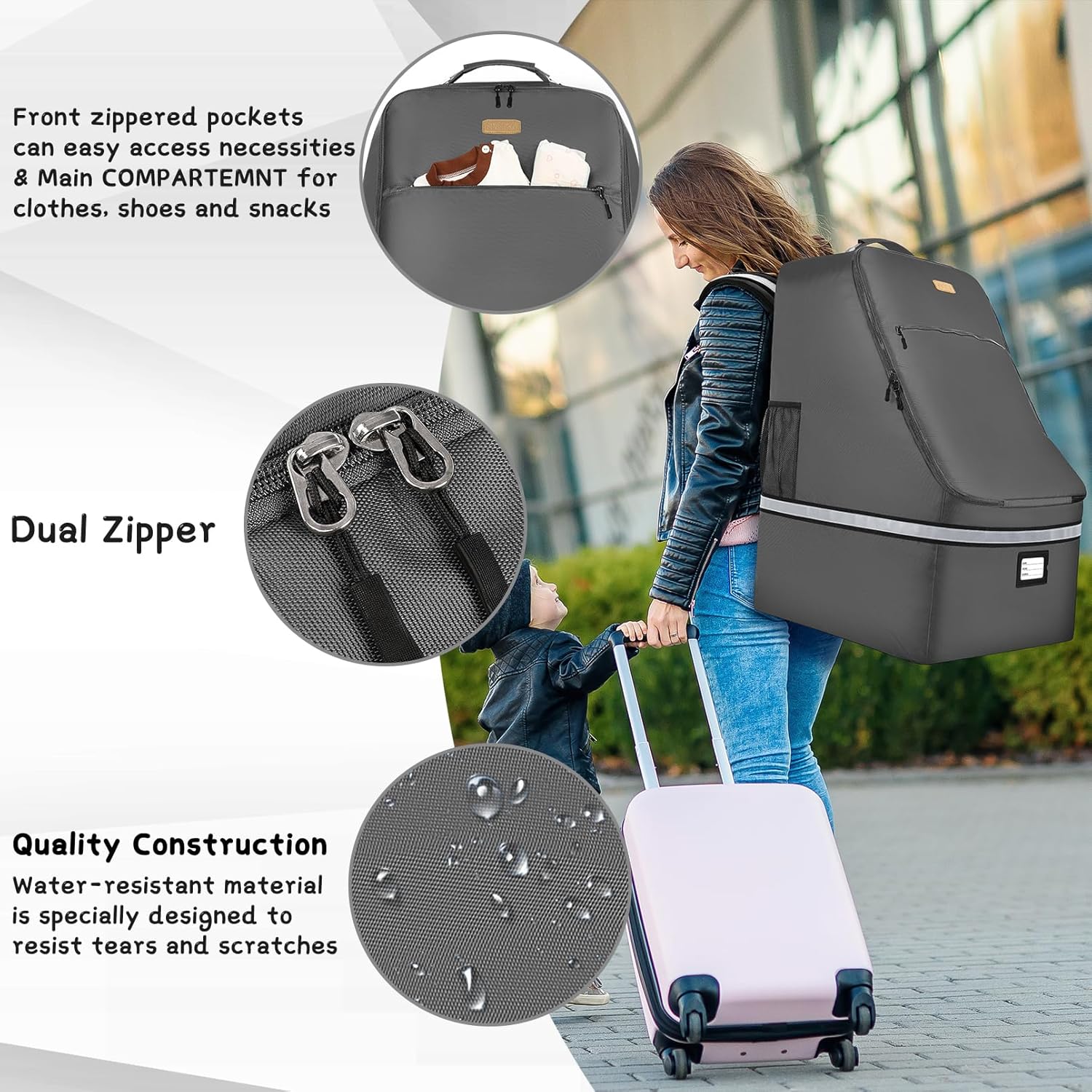 Car Seat Travel Bag - Padded Car Seat Carrier with Steel Cable Handle and Reflective Stripes, Large Durable Airport Gate Check Bag with Shoulder Strap