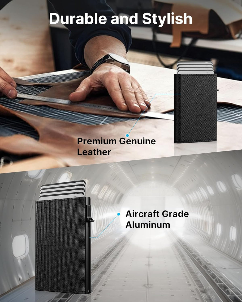 typecase Mens Wallet Card Holder: Pop Up Aluminum Case, Genuine Leather, Smart, RFID Blocking, Slim, Minimalist, Front Pocket - 9-14 Card Capacity | ID Window | Cash Slot (Cross Black)