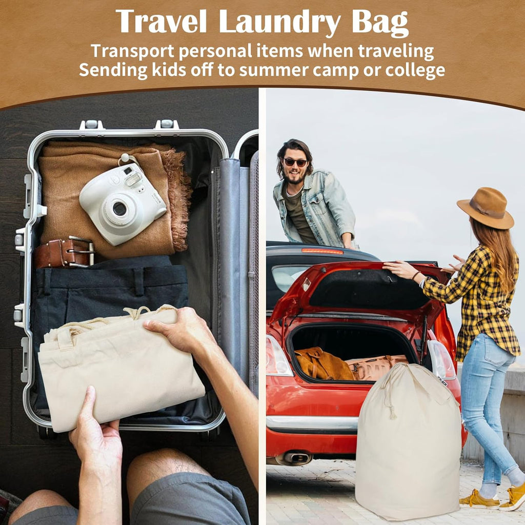 Canvas Laundry Bags with Handles & Square Base 13.8"x 13.8", Large Heavy Duty Laundry Basket Hamper Liner, College Dorm Washable Drawstring Cotton Dirty Clothes Bag (Natural,1 Pack)