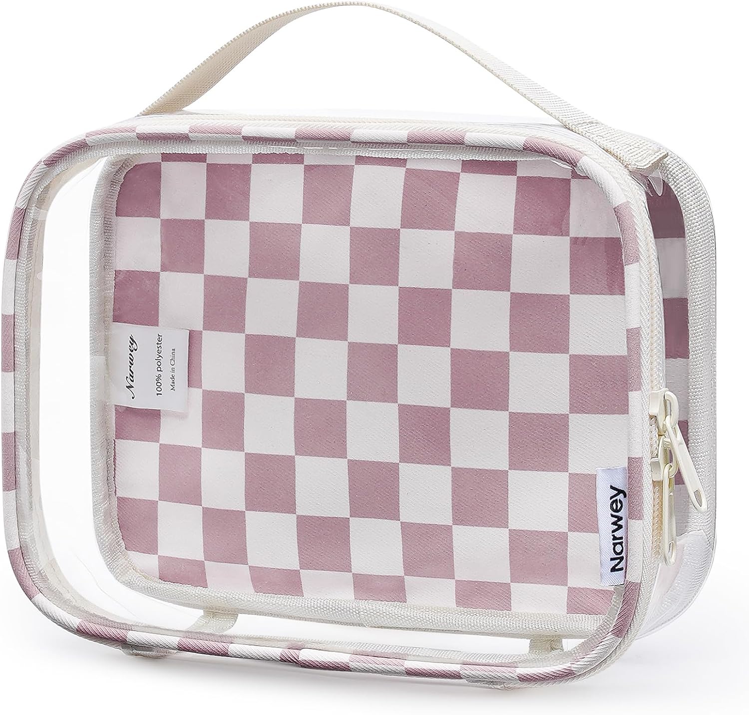 Narwey TSA Approved Clear Toiletry Bag for Travel, Waterproof PVC Clear Makeup Bags, Portable Compact Cosmetic Bag Make Up Organizer, Airport Airline Quart Size Compliant Bag (Dusty Pink Checkerboard)