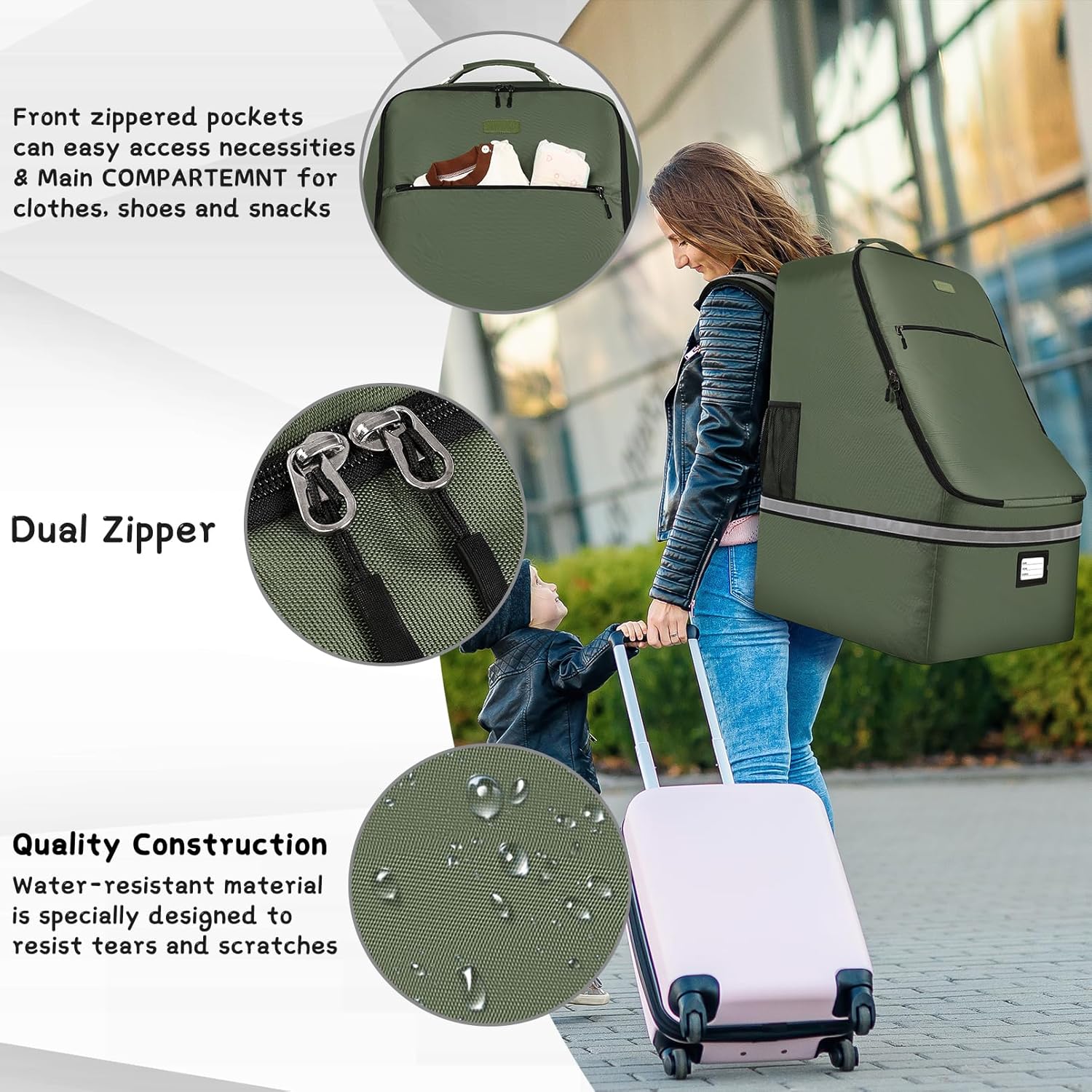 Car Seat Travel Bag,Padded Car Seats Backpack with Steel Cable Handle and Reflective Stripes, Large Durable Carseat Carrier Bag,Airport Gate Check Bag,Infant Seat Travel Bag with Shoulder Strap,Green