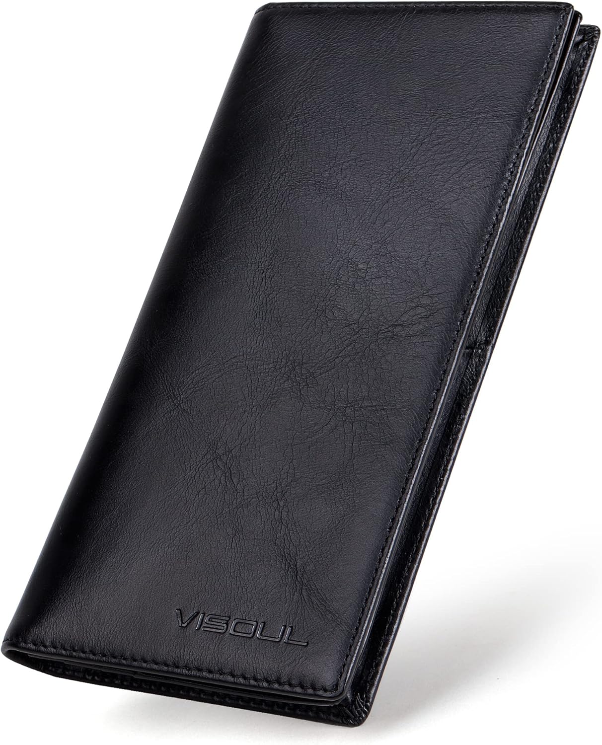 VISOUL Mens Leather Long Checkbook Bifold Wallets with RFID Blocking, Breast Pocket Tall Billfold Secretary Wallet for Men with Card Slots (Black)