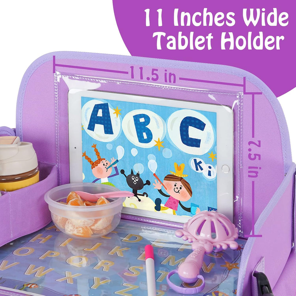 MENZOKE Car Seat Tray for Kids Travel, Kids Travel Tray with Educational Drawing Board, Tablet Holder & Cooler Cup Holder, Holiday Gifts for Car Trip, Purple