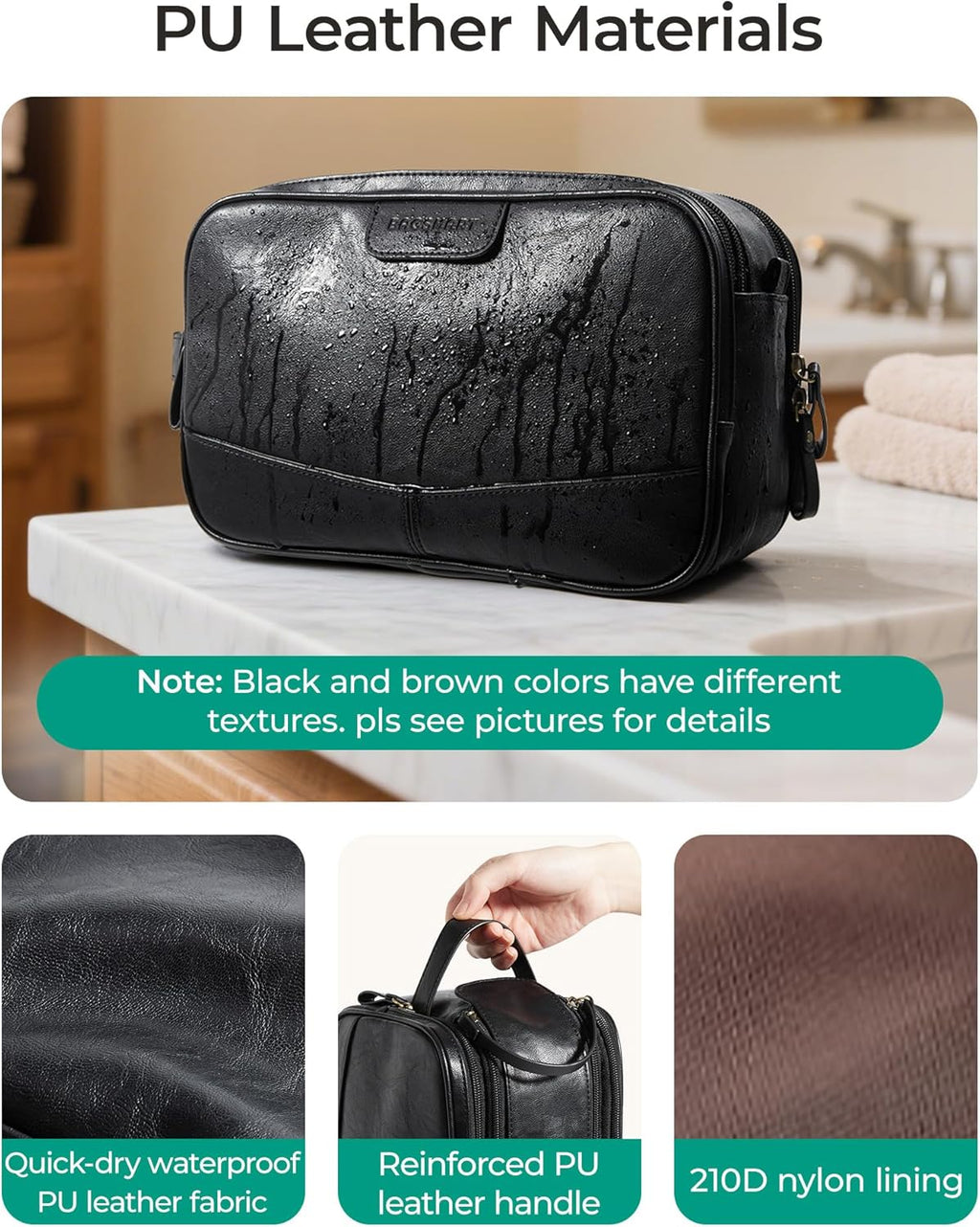 BAGSMART Toiletry Bag for Men, PU Leather Travel Bag for Toiletries, Dopp Kit Water Resistant Shaving Bag for Bathroom Shower-Black