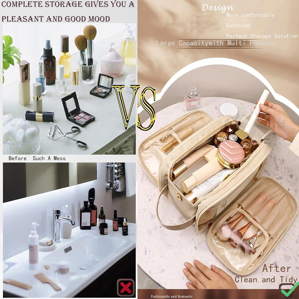 Travel Toiletry Bag for Women PU Triple-layer Double Zipper Toiletry Bags,Toiletries bag Women Waterproof with Handle Stowable Brushes, Toiletries Makeup for Business Trips Camping Bathroom Beige