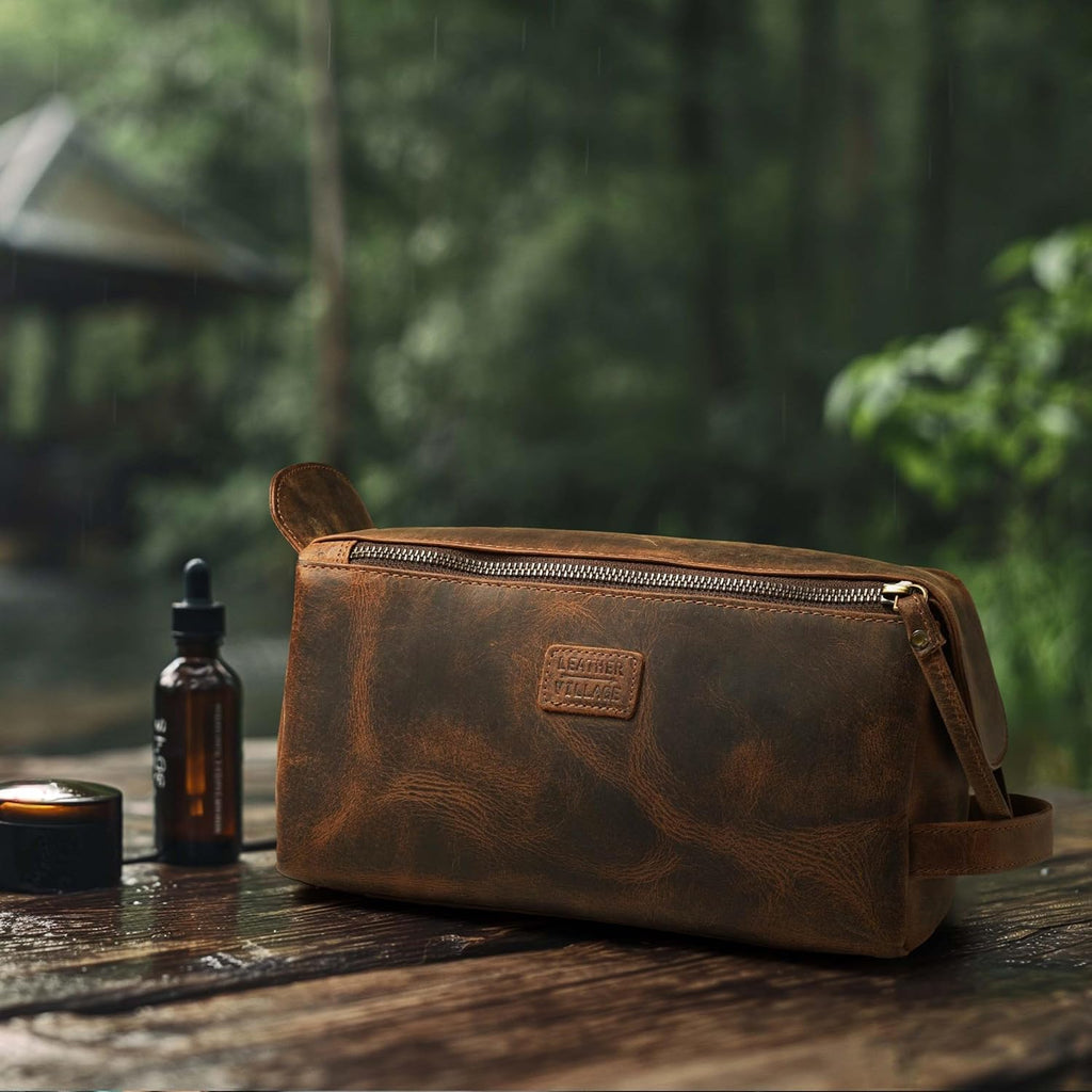 LEATHER VILLAGE Premium Leather Travel Toiletry Bag - Unisex Water-Resistant Travel Dopp Kit, Shaving & Cosmetic Organizer for Men & Women - Compact Bathroom Essentials - Rustic Brown