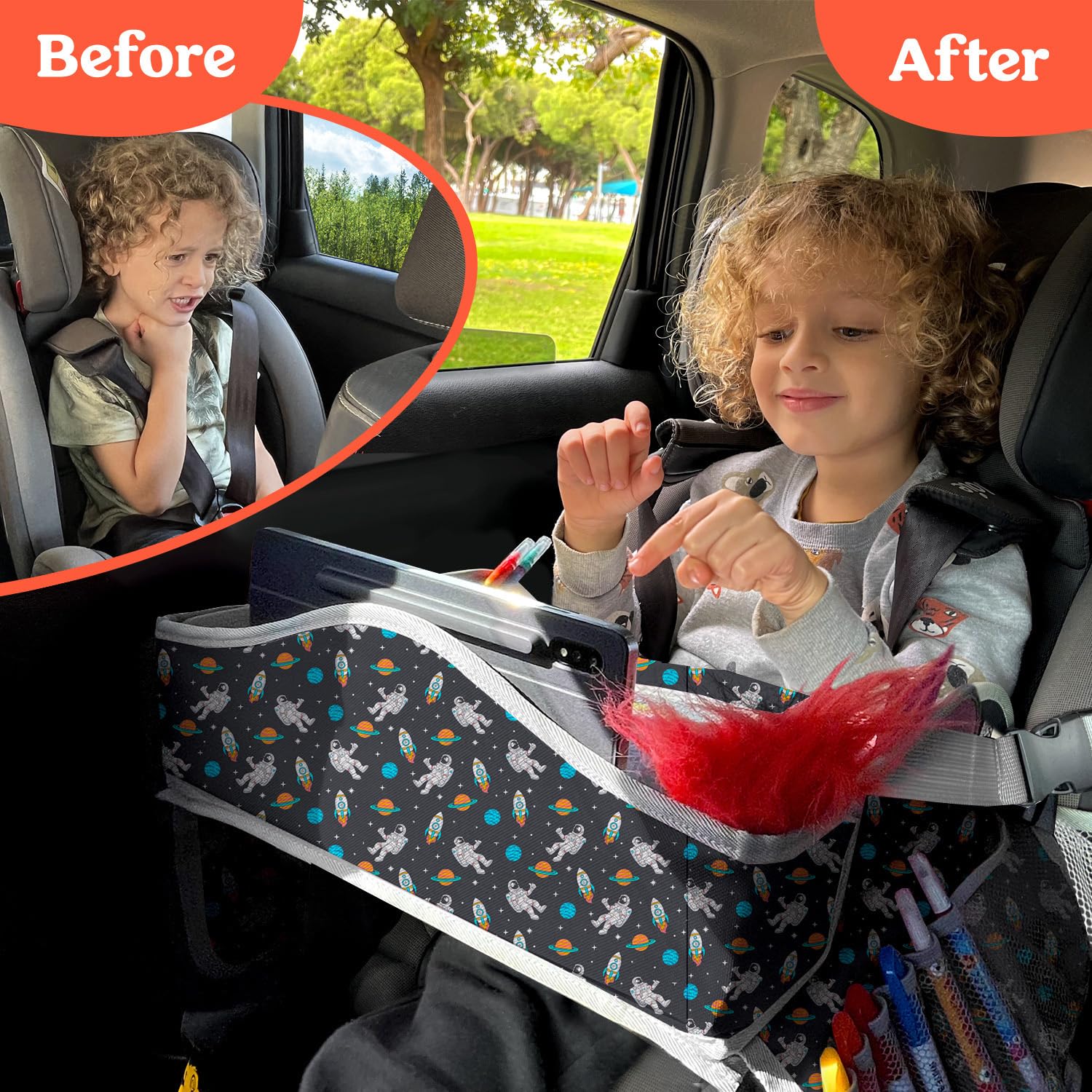 PILLANI Kids Travel Tray for Car - Car Seat Tray for Kids, Roadtrip Essentials, Carseat Table Tray for Kids Road Trip Activities - Toddler Lap Desk Organizer for Airplane