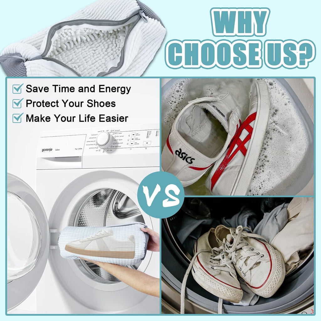 XXL Shoe Washing Machine Bag - 2-Pack Reusable Shoe Cleaning Bags, 360° Deep Clean for Tennis Shoes, Sneakers and Slippers, Includes 2 Shoe Storage Dust Bags (White)