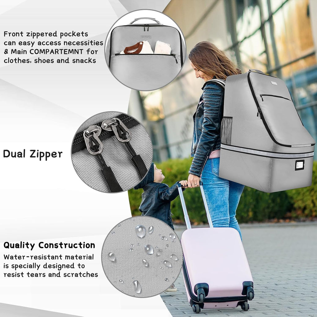 Car Seat Travel Bag,Padded Car Seats Backpack with Steel Cable Handle and Reflective Stripes, Large Durable Carseat Carrier Bag,Airport Gate Check Bag,Infant Seat Travel Bag with Shoulder Strap,Grey