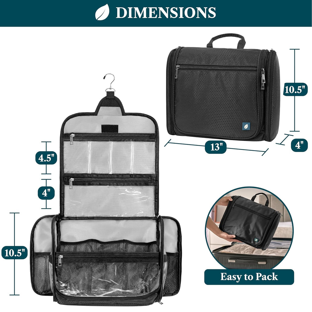 PAVILIA Large Hanging Toiletry Bag Travel Bag Women Men, Cosmetic Organizer, Water Resistant Makeup Bag Accessories Toiletries, Travel Essentials Kit, Black