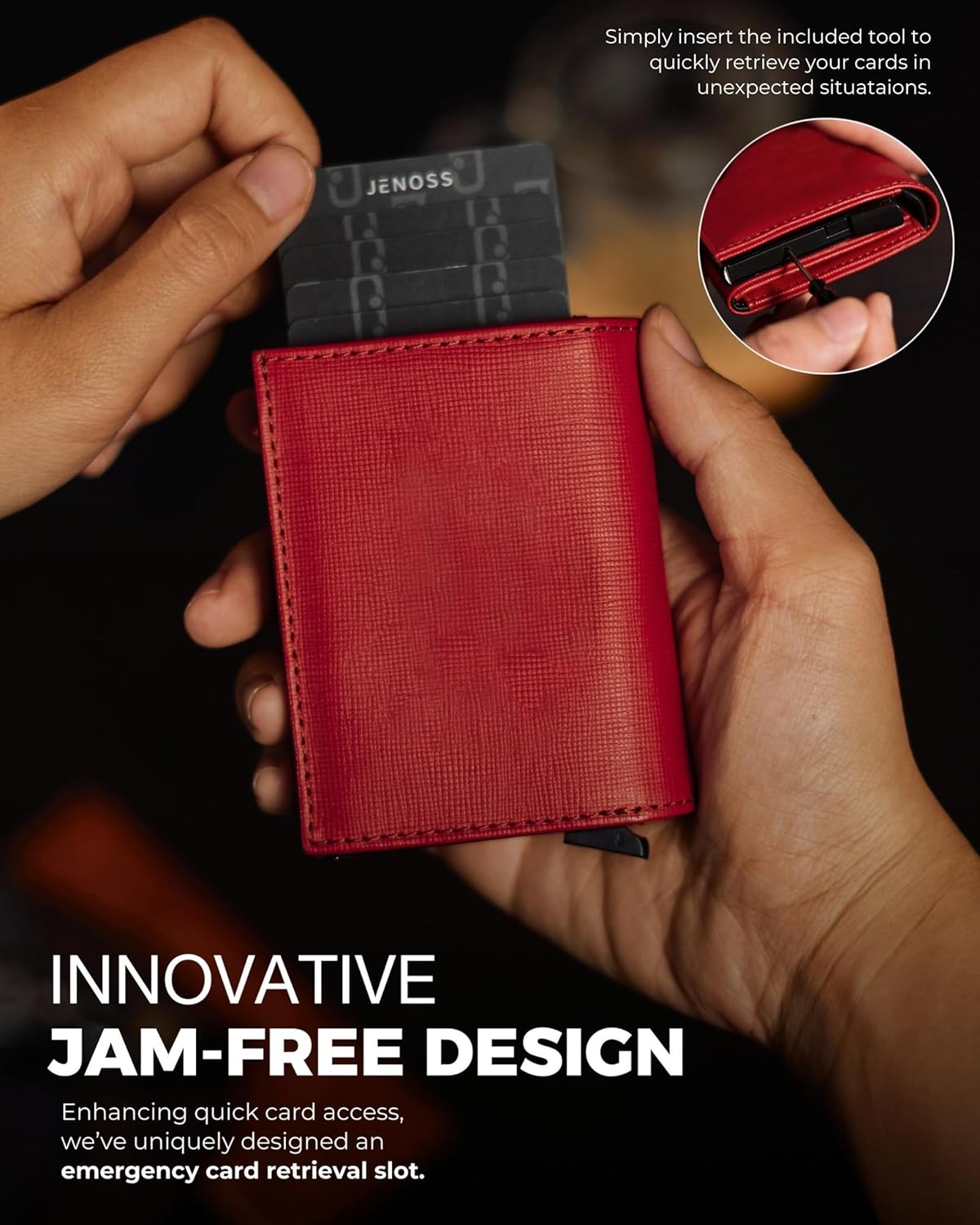 Jenoss Smart Wallet For Men & Women: Full Grain Leather, Handcrafted, Slide Metal Pop Up Case, Slim RFID Blocking Credit Card Holder Minimalist Compact 12 Cards Slot Organizers ID Clip (Red & Silver)