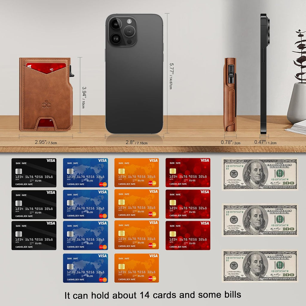 Wallet for Men Wallet with Slim Pop Up Card Holder 9-13 Cards, Bifold Minimalist Smart Wallet RFID Blocking Credit Card Holder with ID Window & Stretchable Cash Slot Compact Metal Aluminum Card Case