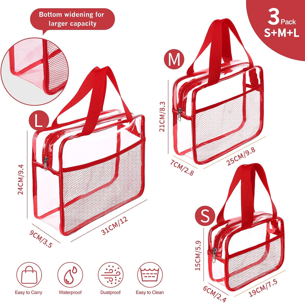 XEWEA Clear Travel Toiletry Bags, 3 Pack TSA Approved Transparent Makeup Bag for Men Women, Large Waterproof PVC Quart Organizer Kit with Zipper for Toiletries Airline Essential,Toy Storage Pouch Red