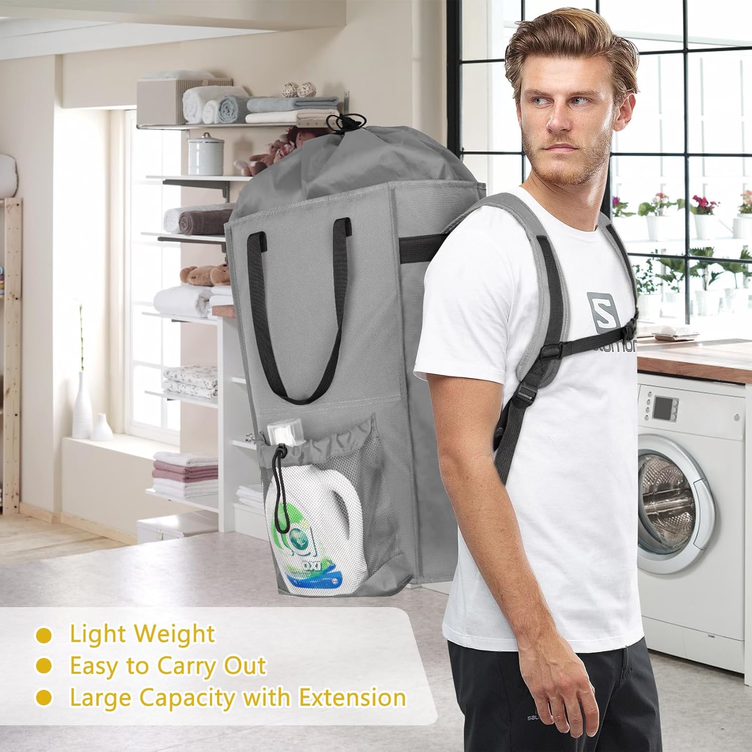 Laundry Bag Backpack Extra Large, 110L Laundry Backpack Heavy Duty with Shoulder Straps, Collapsible and Mesh Pocket Dorm Laundry Basket Hamper Bag for College, Travel, Laundromat, Apartment Grey