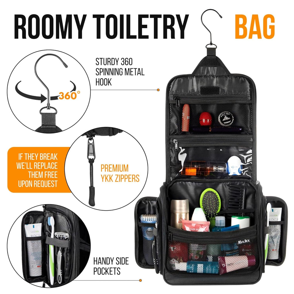 Travel Toiletry Bag for Men and Women - Large Hanging Toiletry Organizer - Waterproof Hygiene Bag with Metal XXL Swivel Hook, with Sturdy Zippers and 19 Compartments for Toiletries, Makeup, Cosmetics