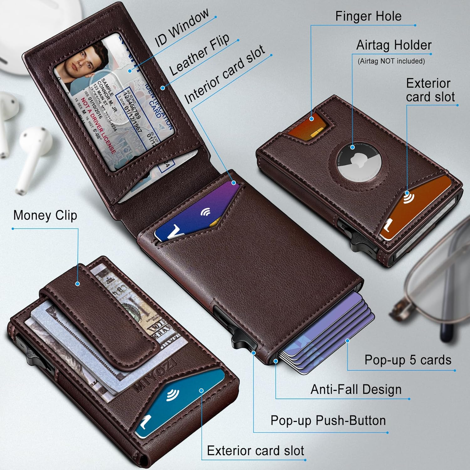 Airtag Wallet for Men,with Money Clip Gift Boxed,Slim Front Pocket Wallet RFID Blocking Metal Case Smart Pop-up Credit Card Holder in Magnetic Leather Flip