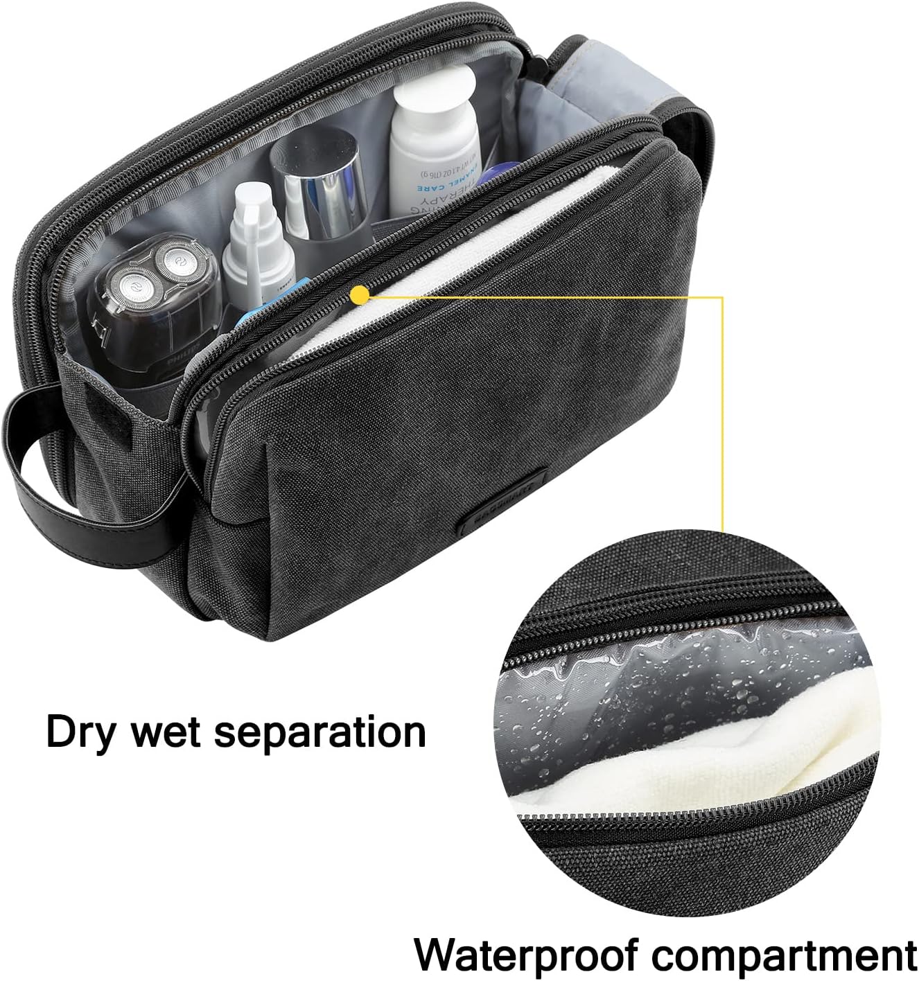 BAGSMART Toiletry Bag for Men, Canvas Travel Toiletry Organizer Dopp Kit Water-resistant Shaving Bag for Toiletries Accessories,Black-Medium