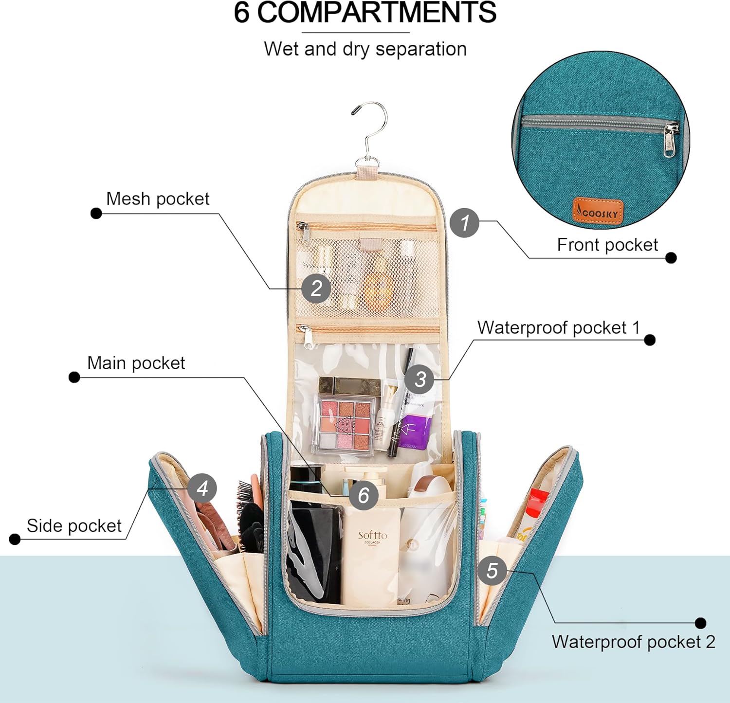 Extra Large Toiletry Bag for Women and Men, 6 Organizer Compartments, Holds Full Size Shampoo, with Hanging Hook Cosmetic Bag, Travel Makeup Bag, Bathroom Water-resistant Toiletries Bag, Blue