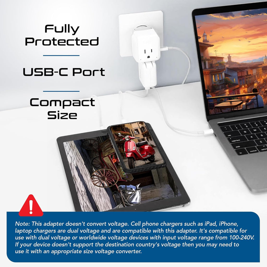 Ceptics European Plug Adapter, Safe USB-C 30W PD & QC 3.0-2 USA Socket - Compact & Powerful - Use in Greece, Italy, Switzerland, Turkey, Portugal - Includes Type C Swadapt Attachment