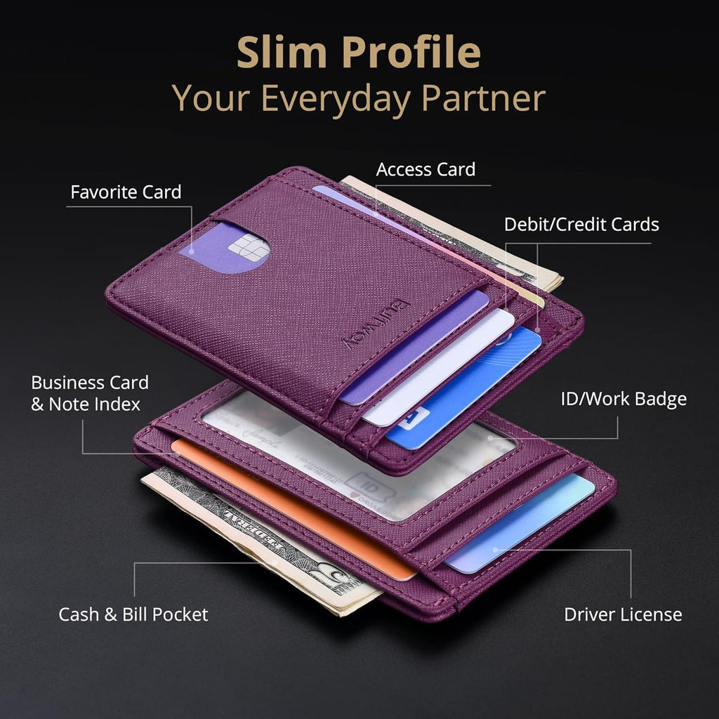 Buffway Slim Minimalist Front Pocket RFID Blocking Leather Wallets for Men and Women - Cross Purple
