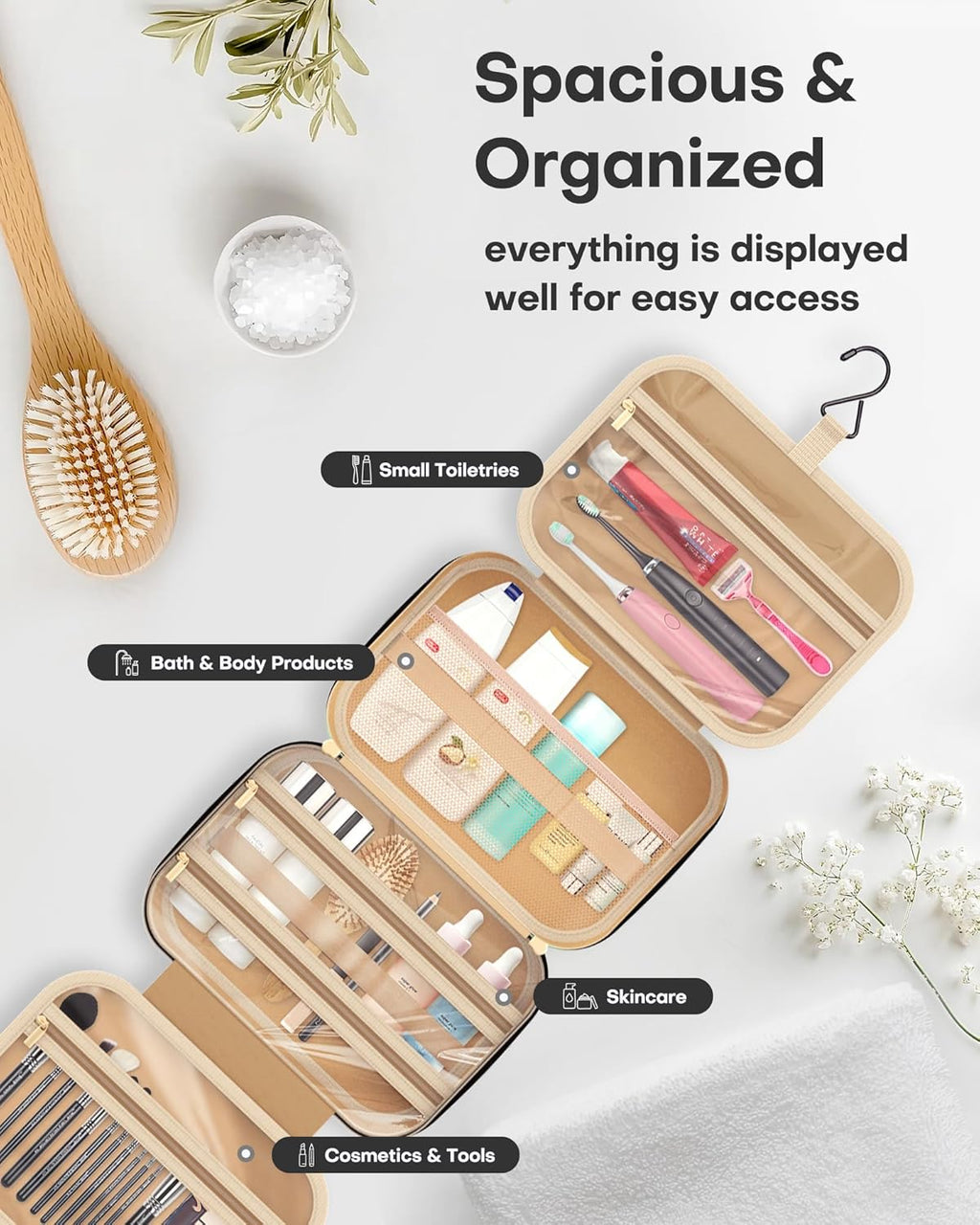 HOTOR Travel Toiletry Bag for Women & Men, Waterproof Makeup Bag with Hanging Hook and Multiple Pockets, Cosmetic Bags for Women, Travel Essentials, 12.6'' x 4.3'' x 9.9'', Rosewood-Pink