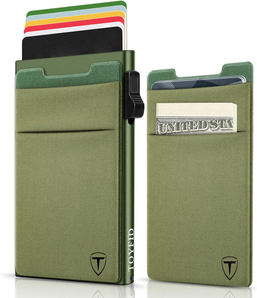 Slim Wallet for Men,Pop Up Credit Card Wallet Aluminum Minimalist RFID Blocking Smart Card Holder with Cash Slot for Front Pocket,6-12 Card Capacity, Green