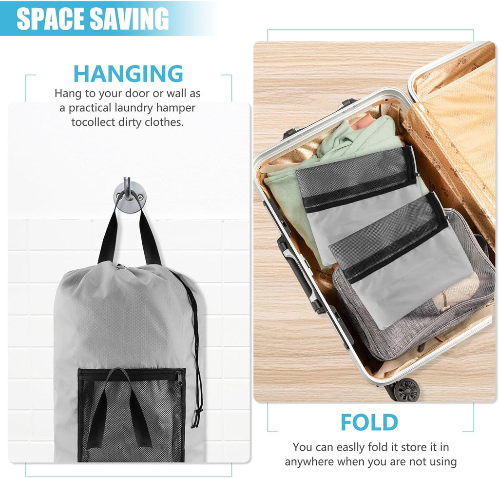 Laundry Bag Backpack, Extra Large Travel Laundry Bag with Mesh Pocket & Adjustable Shoulder Straps,Dirty Clothes Travel Bag for College Students Dorm,Apartment(Light Gray)