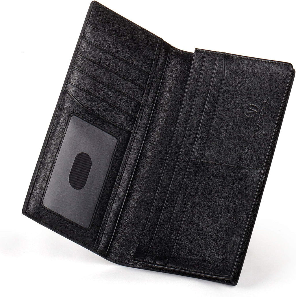 VISOUL Mens Leather Long Checkbook Bifold Wallets with RFID Blocking, Carbon Fiber Leather Tall Wallets for Men (Black+Black)