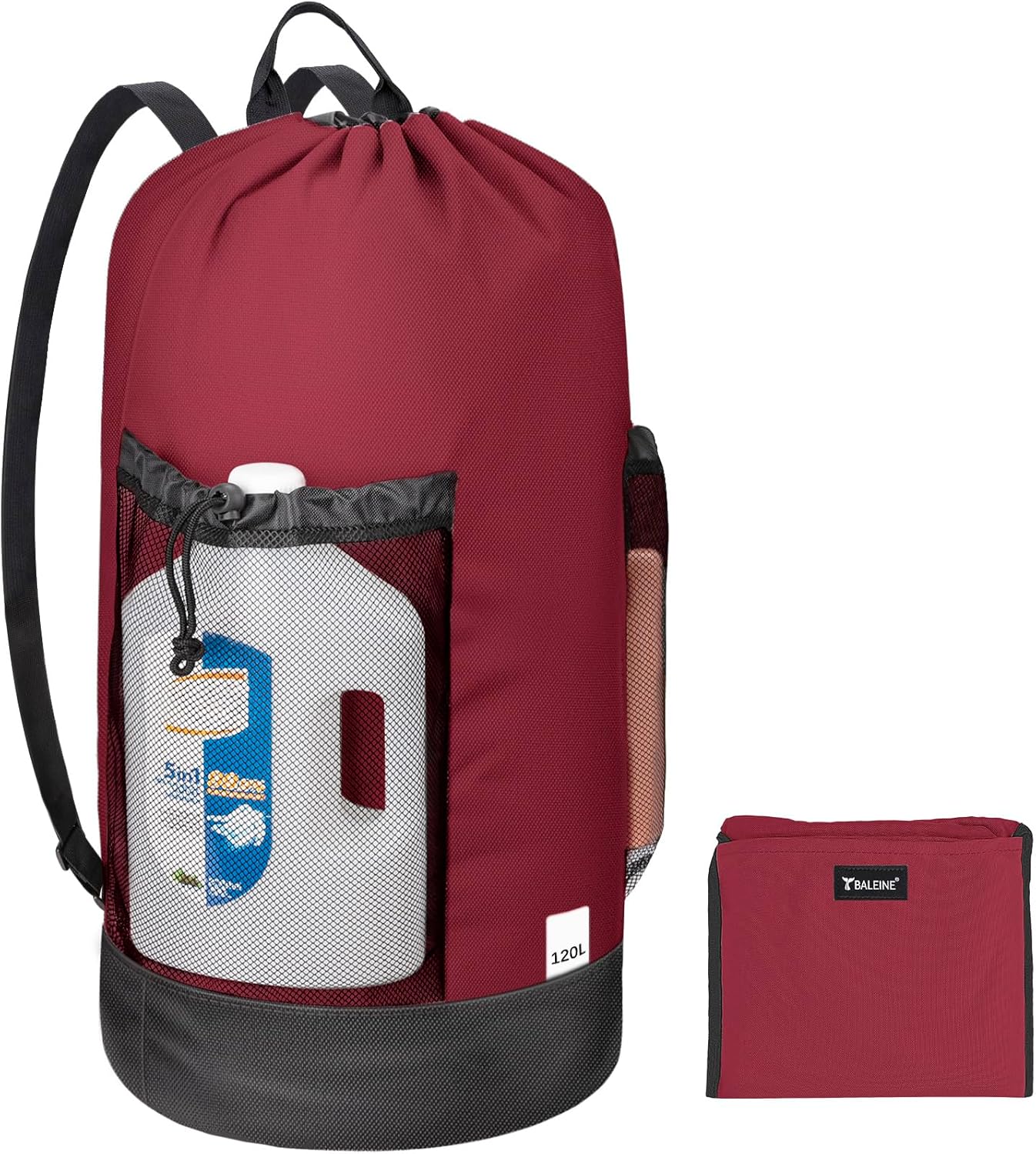 BALEINE 120L Laundry Bag Backpack, 900D Oxford Fabric Large Travel Laundry Bags with Shoulder Straps and 2 Mesh Pockets for College Dorm, Apartment, Laundromat (Red, 120L)